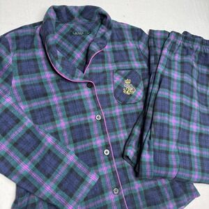 Lauren Ralph Lauren Plaid Fleece Pajama Set Women's Size M Navy Pink Green